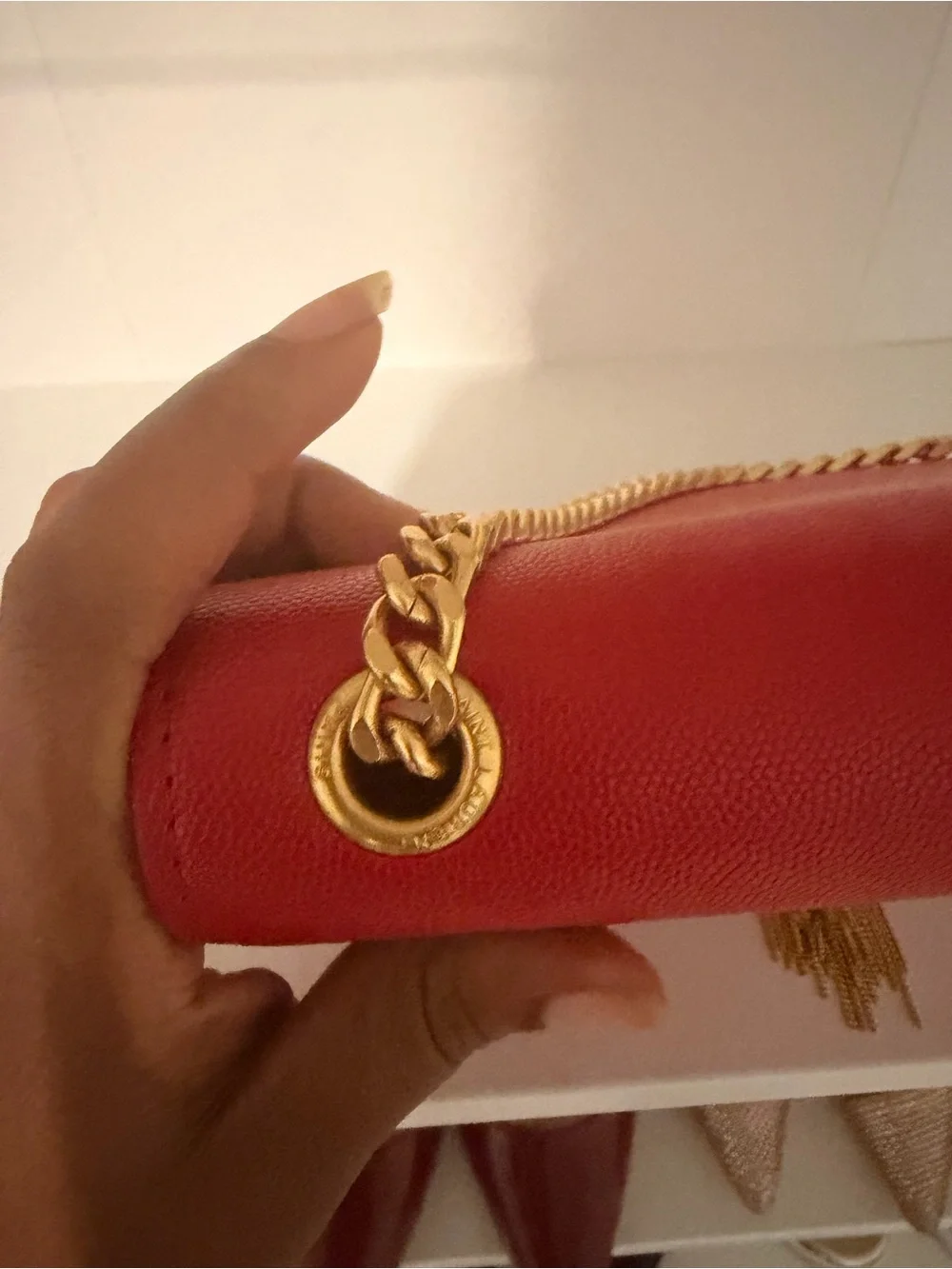 Saint Laurent Red Leather Tassel Chain Shoulder Bag with Gold Hardware - Picture 2 of 7